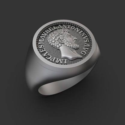 Marcus Aurelius Stoic Theological Ring, Christian Ring, Sterling Silver Round Top Signet