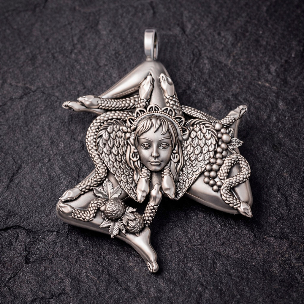 Detailed view of a handcrafted sterling silver Trinacria pendant by Indigo Jewelry. The design features a central Medusa Gorgon head with expressive facial features, surrounded by three bent running legs and interwoven stalks of wheat, symbolizing Sicilian heritage and fertility. The oxidized silver finish highlights the intricate mythological textures. This authentic Mediterranean protection amulet is shown as a high-quality statement piece for women's jewelry collections.