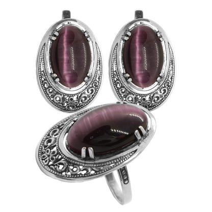 Violet Oval Ulexite Gemstone Vintage Silver Set, Ring and Earrings