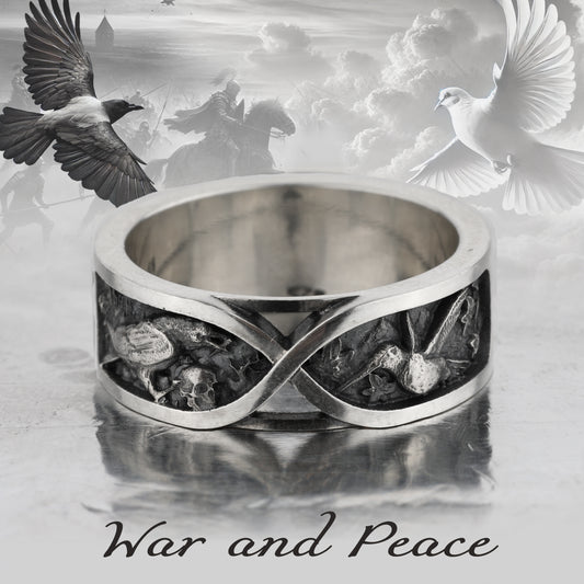 Sterling silver unisex ring symbolizing war and peace, duality, and eternity. Designed as an artistic memento mori piece, this stoic ring features minimalist curves representing the opposing forces of life — love and destruction, light and darkness. A unique philosophical band for men and women, inspired by the nature of dualism and the inevitability of transformation.