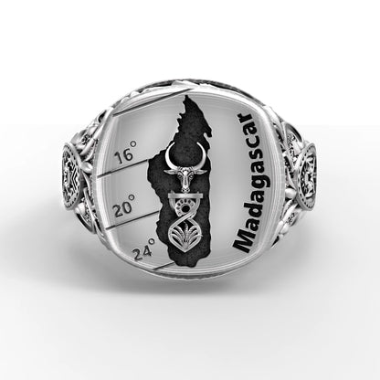 Madagascar silver signet ring with engraved island map, tribal symbols, zebu bull, palm and shield details. Handcrafted men’s jewelry in oxidized sterling silver 925, bold ethnic heritage design, unique symbolic statement ring, heavy masculine accessory, perfect gift for travelers, collectors, or lovers of African culture.