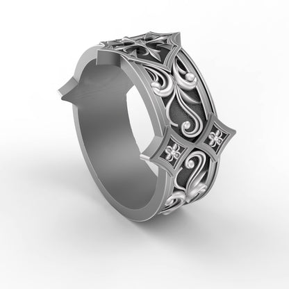Men’s gothic wedding band handcrafted in oxidized 925 sterling silver. Features a pointed floral motif with intricate medieval scrollwork. Designed in a bold knight-inspired style, this ring is ideal for engagements, weddings, or symbolic unions. A perfect match to the women’s gothic ring by INDIGO Jewelry, for couples who embrace strength, honor, and dark romantic aesthetics.