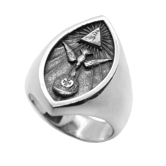Sterling silver Thelema ring featuring the Eye of Horus, dove, and grail symbol. Esoteric occult signet ring inspired by mystical symbolism and sacred geometry. Handmade by Indigo Jewelry in oxidized silver, this piece embodies spiritual depth, ancient wisdom, and personal protection. Unique gothic and symbolic men's statement jewelry