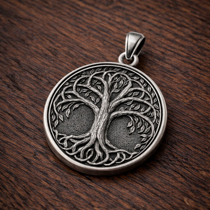 Oxidized silver Tree of Life pendant in 925 sterling silver, inspired by Yggdrasil Norse mythology, round 25mm symbolic Viking necklace, handcrafted Scandinavian jewelry for men, detailed textured background, minimalist mythological silver charm