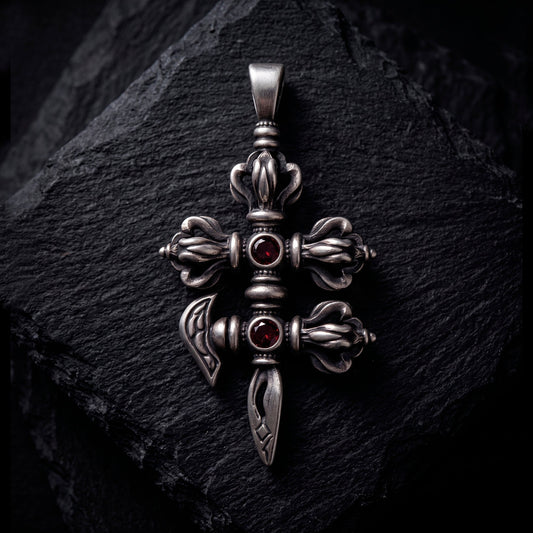 Blackened silver Vajra Phurba pendant with two red garnets by INDIGO Jewelry Atelier