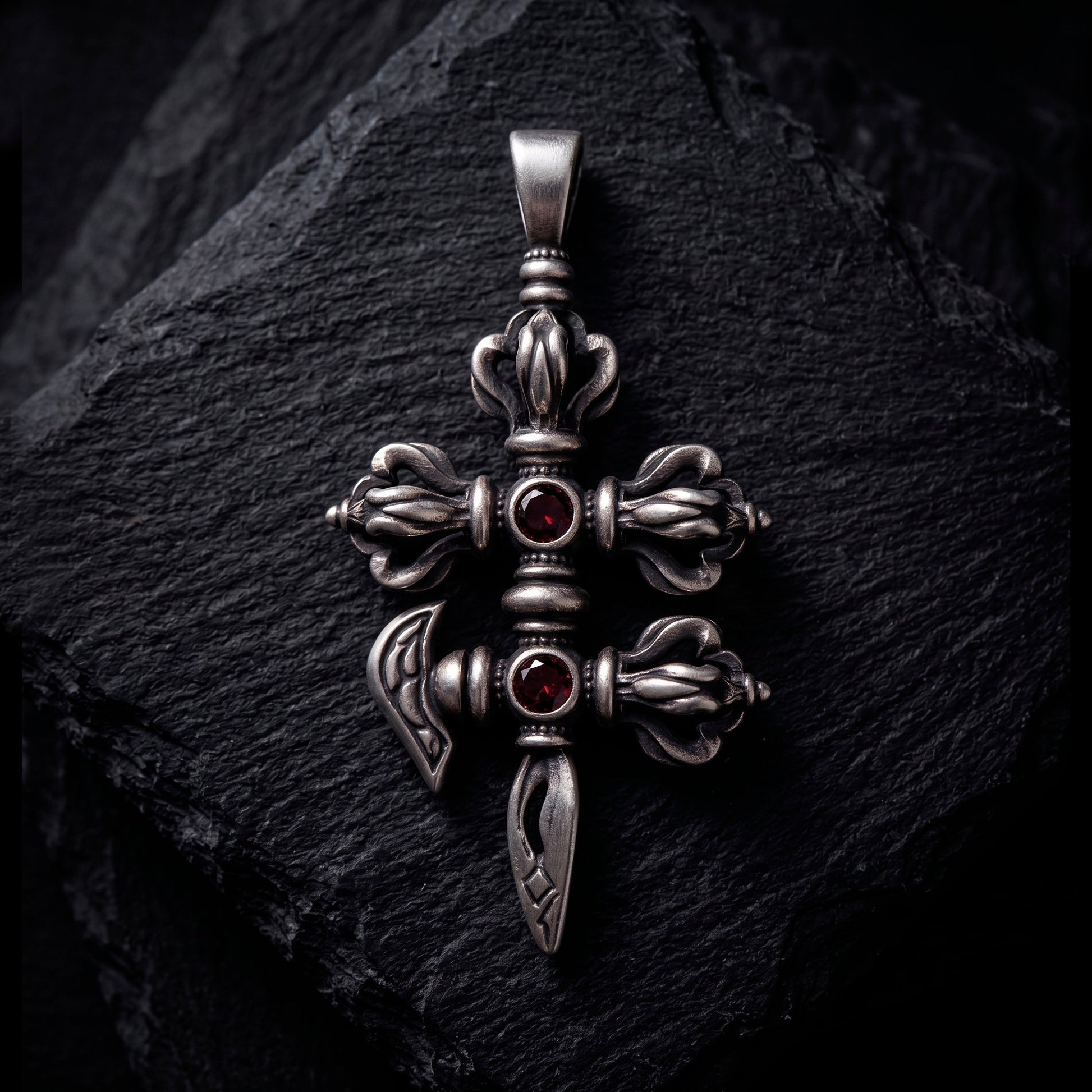 Blackened silver Vajra Phurba pendant with two red garnets by INDIGO Jewelry Atelier