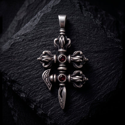 Blackened silver Vajra Phurba pendant with two red garnets by INDIGO Jewelry Atelier