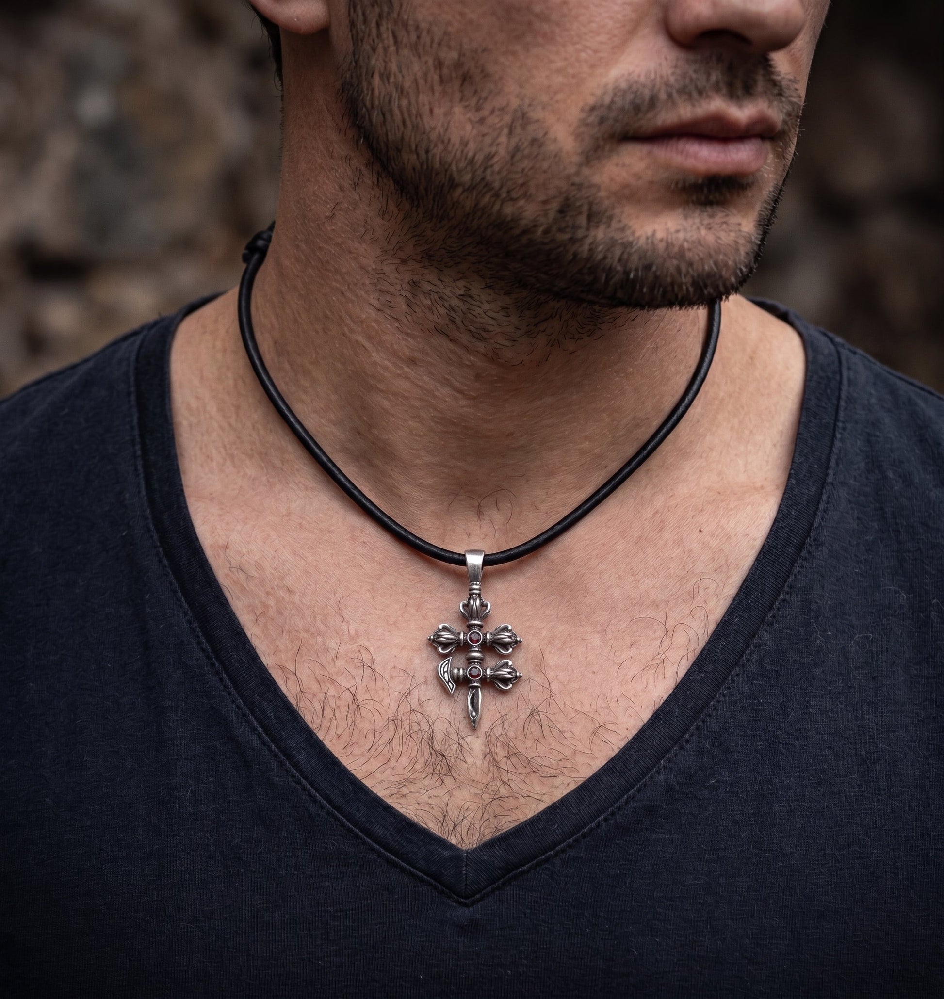 Tibetan Double Vajra Phurba silver pendant worn by a man by INDIGO Jewelry Atelier