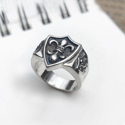 Heraldic Lily Fleur-de-lis Shield, Heavy Sterling Silver Signet Ring