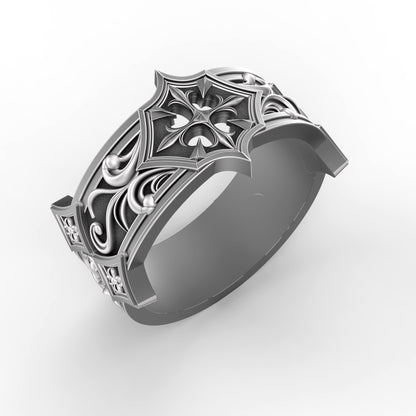 Men’s gothic wedding band handcrafted in oxidized 925 sterling silver. Features a pointed floral motif with intricate medieval scrollwork. Designed in a bold knight-inspired style, this ring is ideal for engagements, weddings, or symbolic unions. A perfect match to the women’s gothic ring by INDIGO Jewelry, for couples who embrace strength, honor, and dark romantic aesthetics.