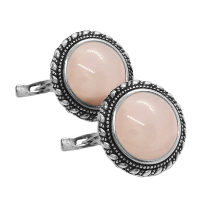 Vintage Sterling Silver Set with Geniune Rose Quartz Round Cabochon Cut Gemstone