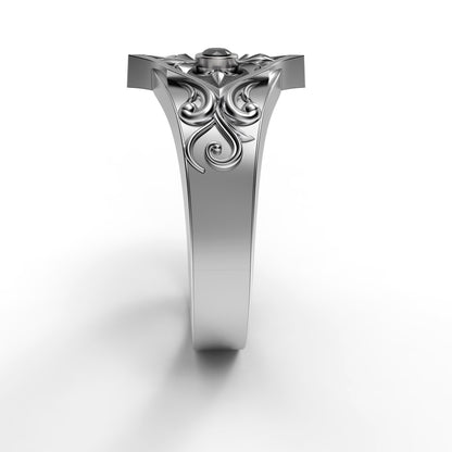 Gothic engagement ring for women made of oxidized 925 sterling silver with a round black zircon gemstone. Inspired by medieval, Viking, and knightcore aesthetics. Features floral scrollwork reminiscent of ancient armor. Ideal for gothic weddings, fantasy lovers, or alternative proposals. Handcrafted by INDIGO Jewelry for symbolic unions and meaningful expressions of devotion.