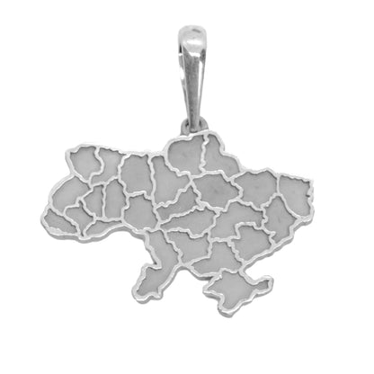 A silver-colored pendant in the shape of a map of Ukraine.