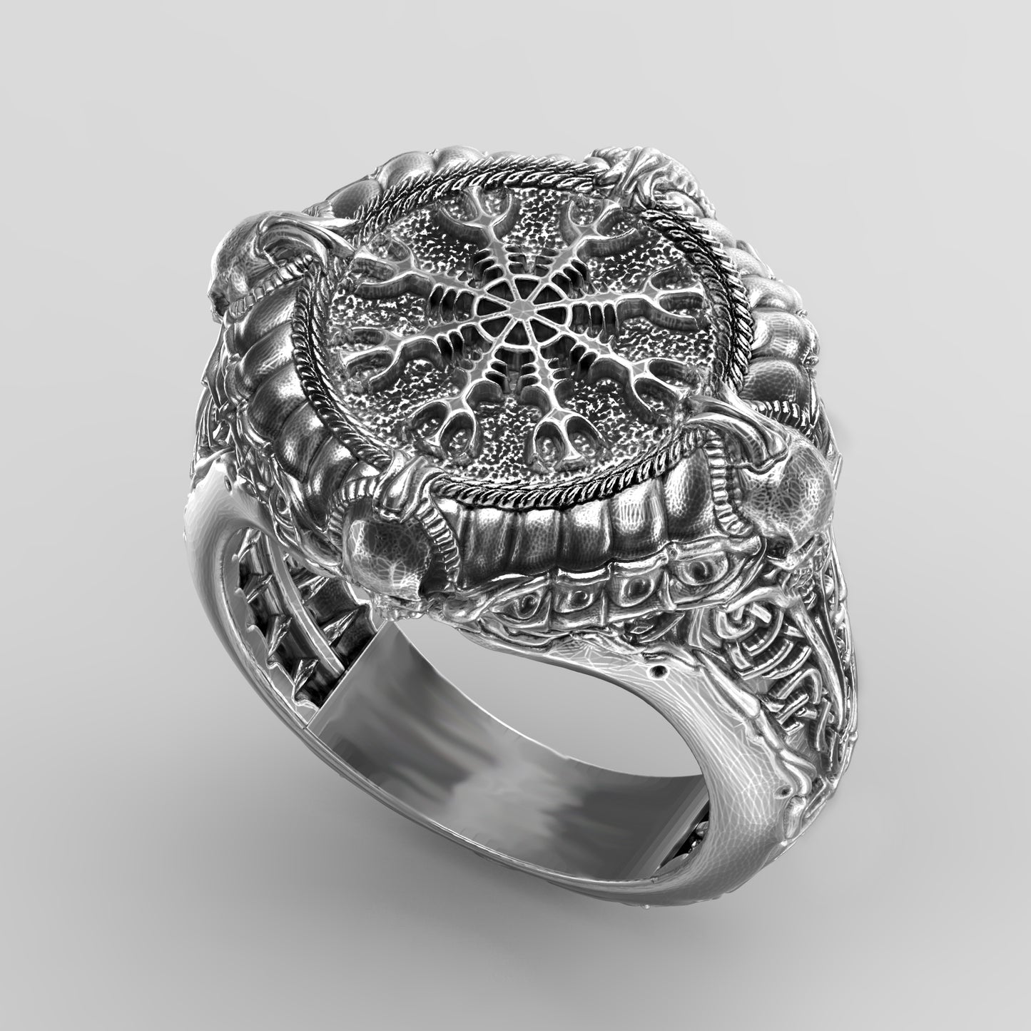 Helm of Awe and Skulls, Vegvisir, Helm of Terror, Runic Circle, Sterling Silver Mens Ring