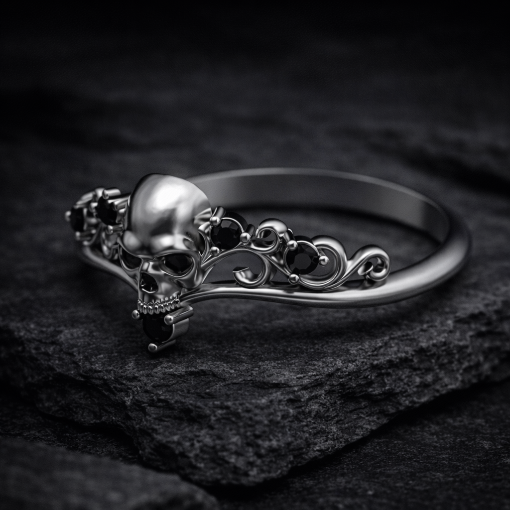 A silver ring with a skull design and black gemstones is displayed against a dark background.