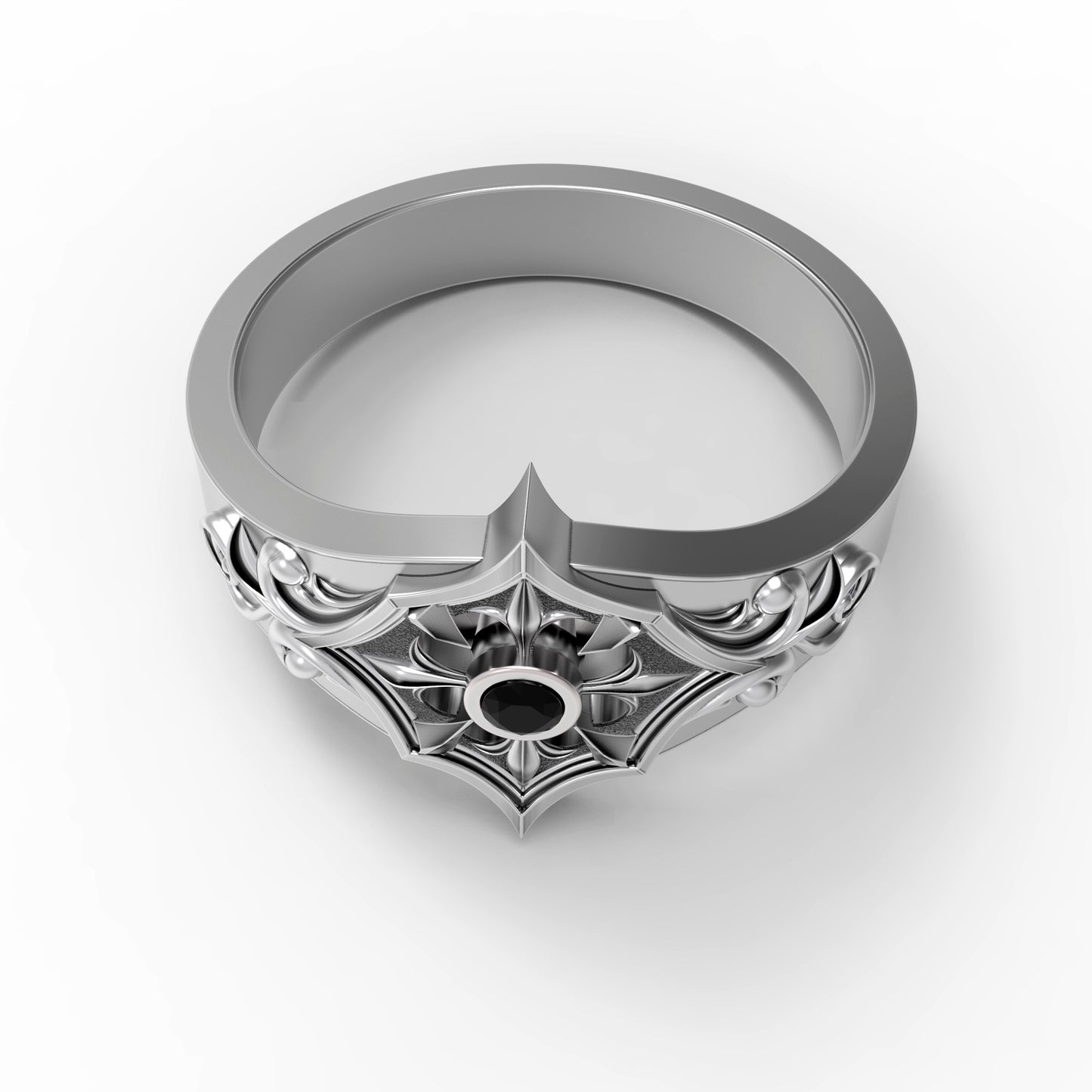 Gothic engagement ring for women made of oxidized 925 sterling silver with a round black zircon gemstone. Inspired by medieval, Viking, and knightcore aesthetics. Features floral scrollwork reminiscent of ancient armor. Ideal for gothic weddings, fantasy lovers, or alternative proposals. Handcrafted by INDIGO Jewelry for symbolic unions and meaningful expressions of devotion.