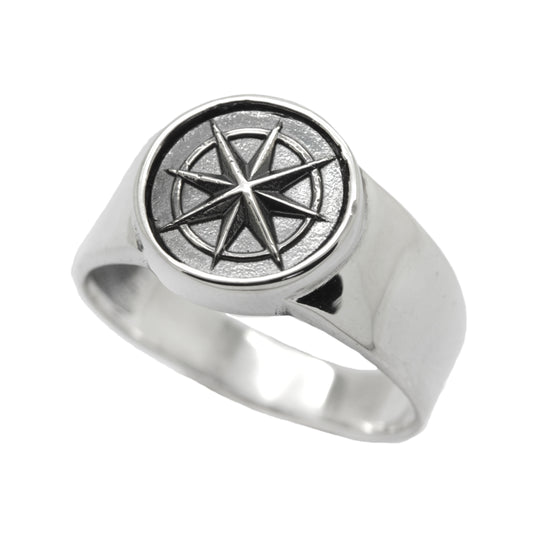 Windrose Ring Sea Compass Light Pinky Round Top Sterling Silver Signet