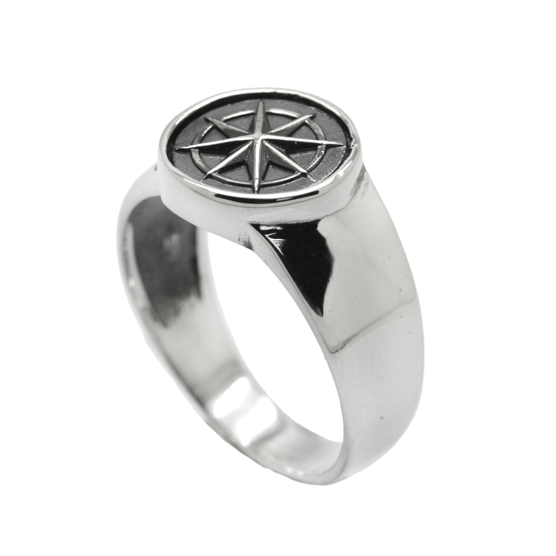 Windrose Ring Sea Compass Light Pinky Round Top Sterling Silver Signet