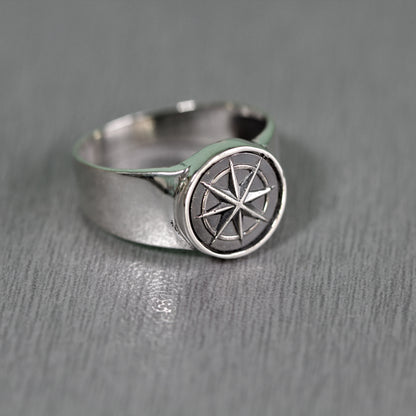 Windrose Ring Sea Compass Light Pinky Round Top Sterling Silver Signet