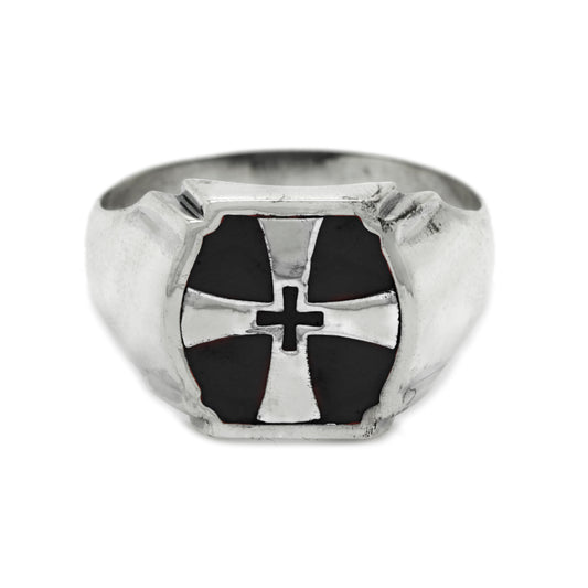 Crusader Knight Cross Men`s Silver Ring with Black Enamel