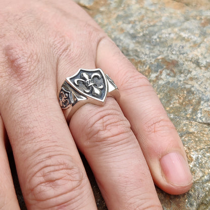 Heraldic Lily Fleur-de-lis Shield, Heavy Sterling Silver Signet Ring