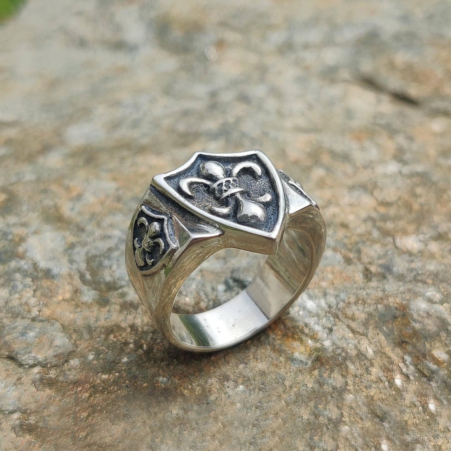 Heraldic Lily Fleur-de-lis Shield, Heavy Sterling Silver Signet Ring