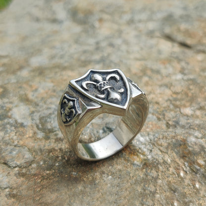 Heraldic Lily Fleur-de-lis Shield, Heavy Sterling Silver Signet Ring