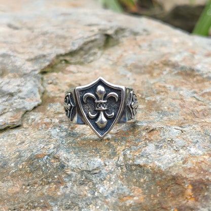 Heraldic Lily Fleur-de-lis Shield, Heavy Sterling Silver Signet Ring