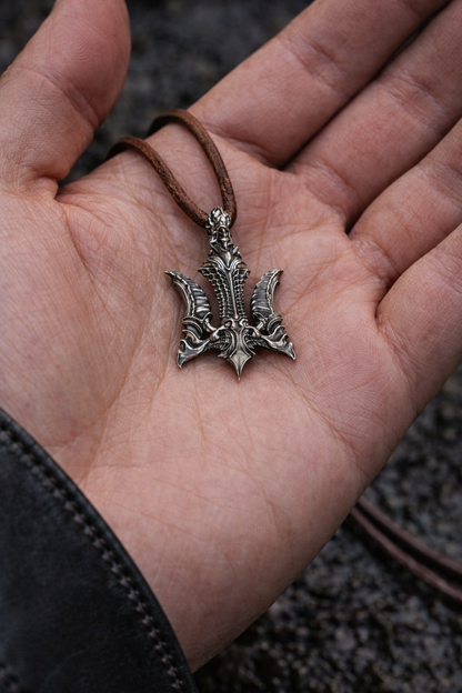 A hand holding a silver pendant with an intricate design.