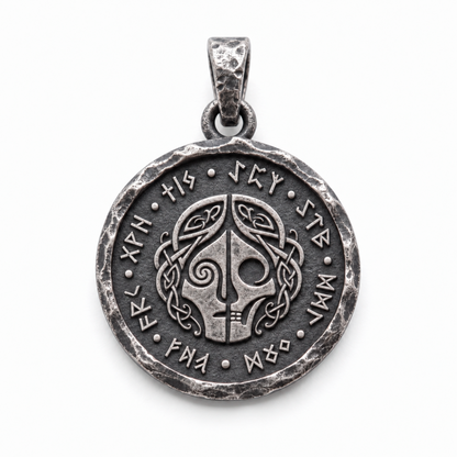Hel pendant in 925 silver with a divided face, skull detail and runic border on white. INDIGO Jewelry.
