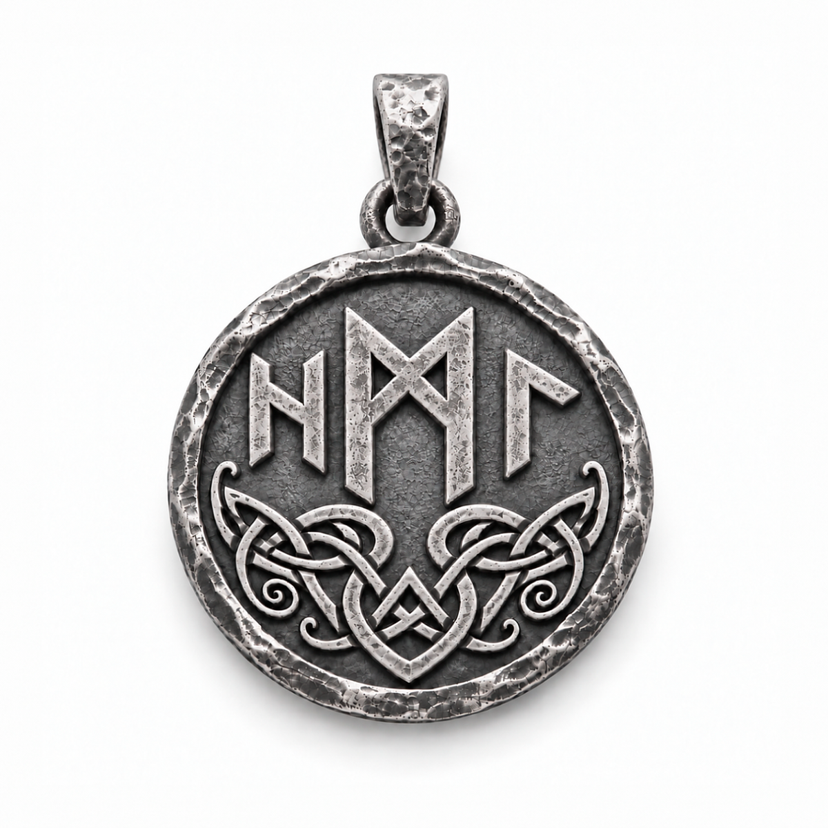Reverse of the silver Hel pendant with raised runic symbols and interwoven knotwork on white. INDIGO Jewelry.