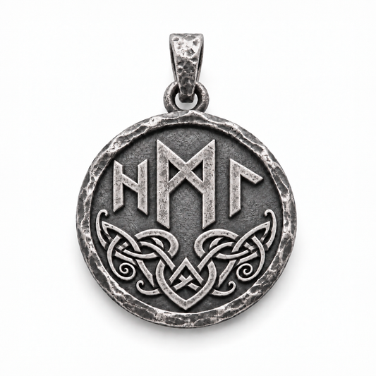 Reverse of the silver Hel pendant with raised runic symbols and interwoven knotwork on white. INDIGO Jewelry.