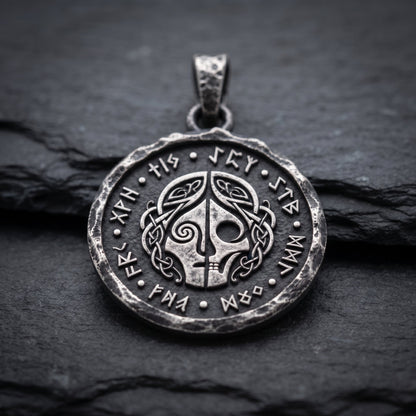 Silver Hel pendant on dark slate, showing the divided face, runic circle and textured edge. INDIGO Jewelry.