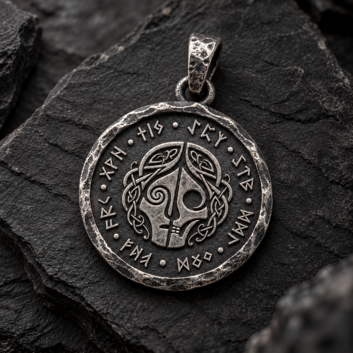 Angled view of the silver Hel pendant with a divided face and runic border on rough dark stone. INDIGO Jewelry.