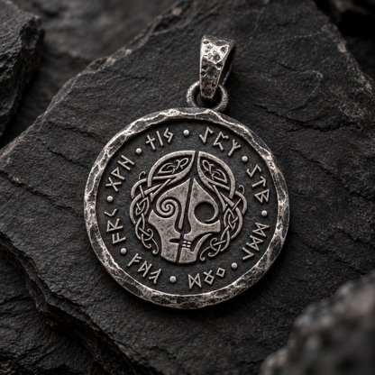 Angled view of the silver Hel pendant with a divided face and runic border on rough dark stone. INDIGO Jewelry.