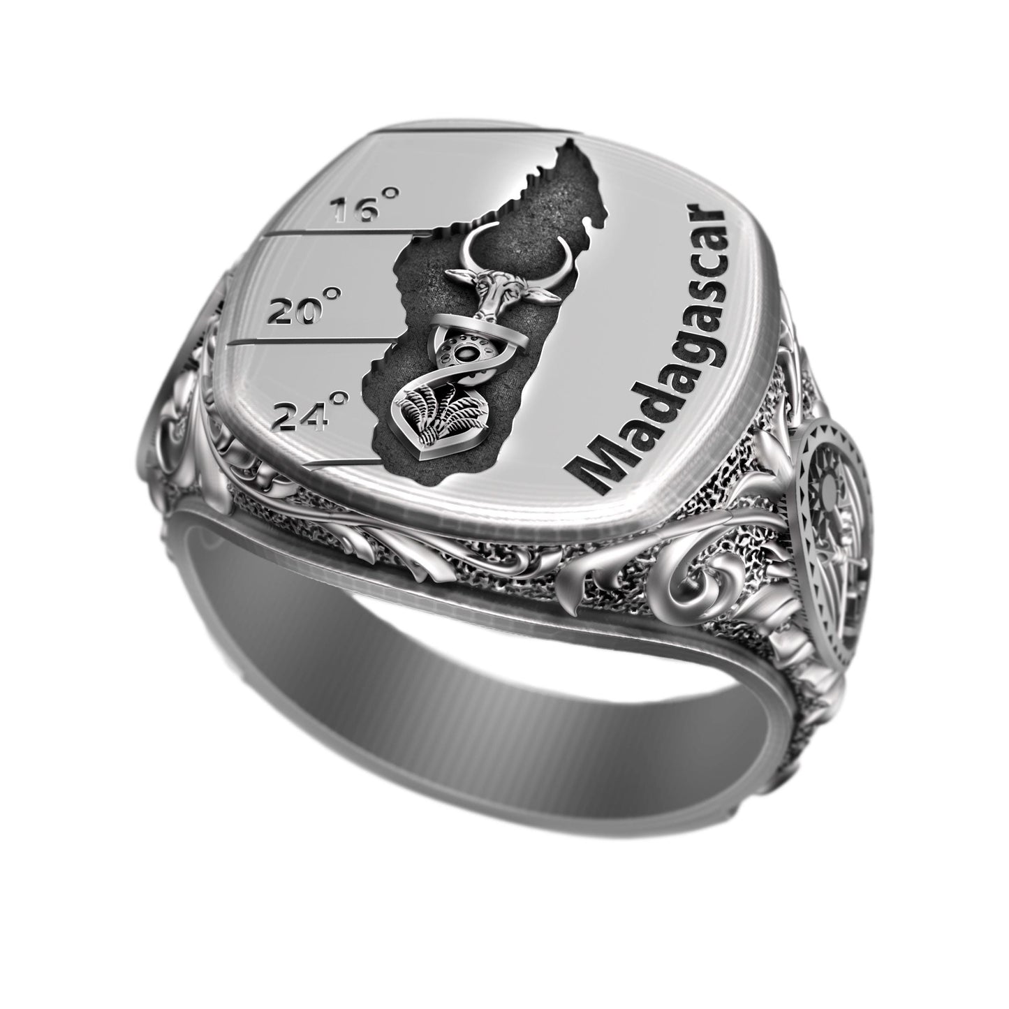 Madagascar silver signet ring with engraved island map, tribal symbols, zebu bull, palm and shield details. Handcrafted men’s jewelry in oxidized sterling silver 925, bold ethnic heritage design, unique symbolic statement ring, heavy masculine accessory, perfect gift for travelers, collectors, or lovers of African culture.