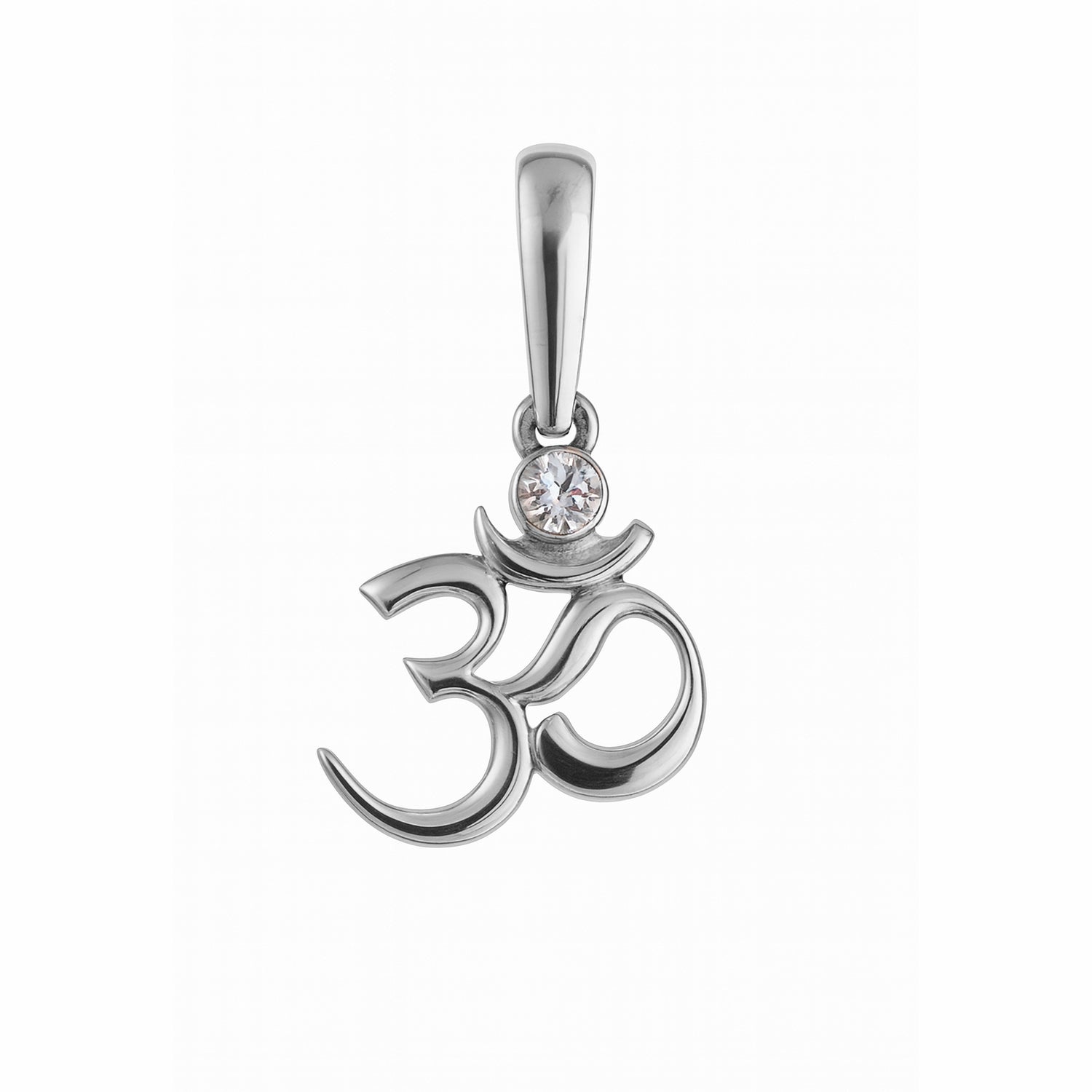 Sterling silver Om symbol pendant with white cubic zirconia, inspired by Hindu and Buddhist spirituality, minimalist design by Indigo Jewelry.