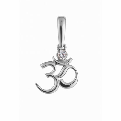 Sterling silver Om symbol pendant with white cubic zirconia, inspired by Hindu and Buddhist spirituality, minimalist design by Indigo Jewelry.