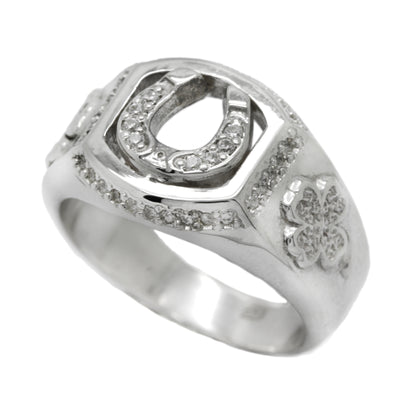 Horseshoe and Clover with Zircons Men Ring Silver 925