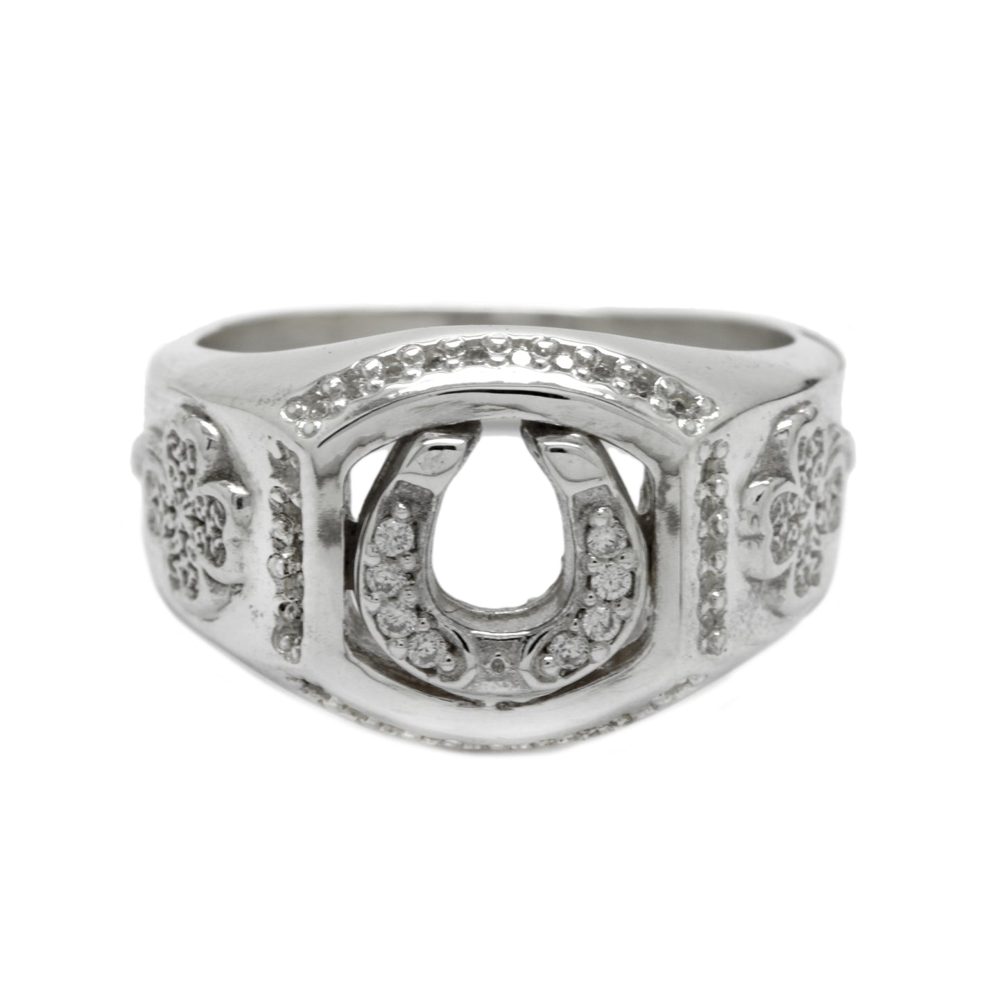 Horseshoe and Clover with Zircons Men Ring Silver 925