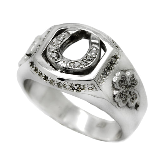 Pánský prsten podkova a jetel se zirkony stříbro 925