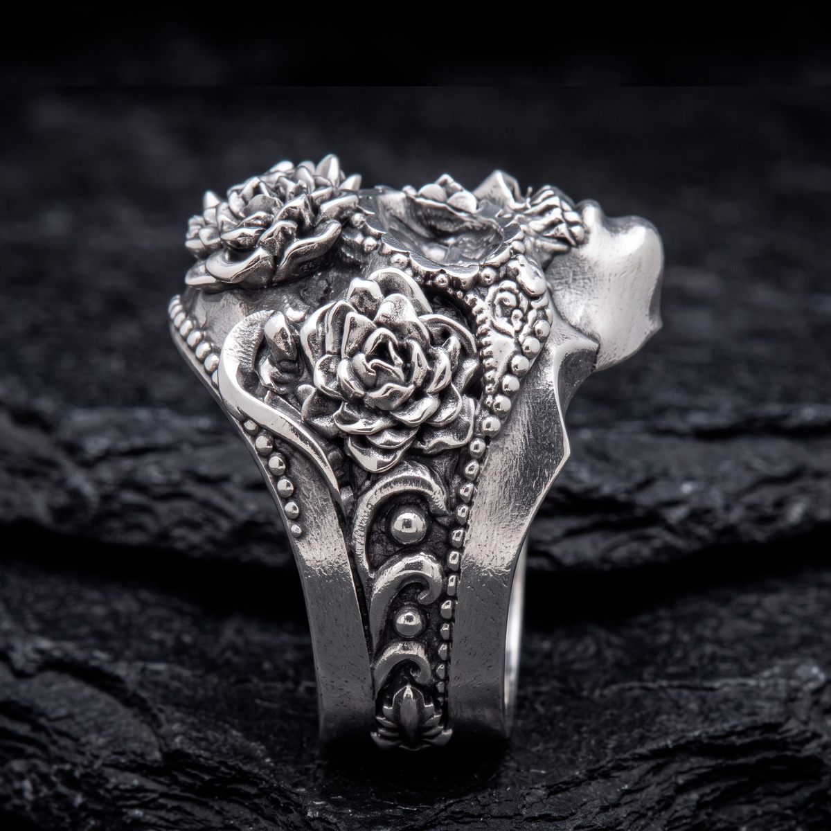 Memento Mori Skull and Roses Sterling Silver Ring