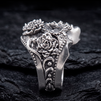 Memento Mori Skull and Roses Sterling Silver Ring