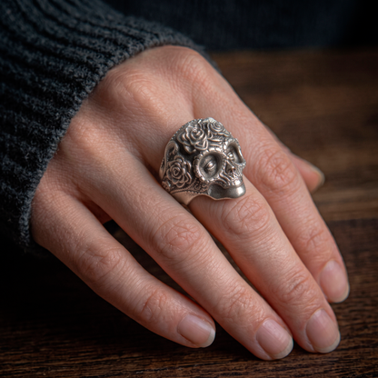 Memento Mori Skull and Roses Sterling Silver Ring