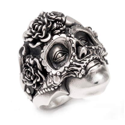 Memento Mori Skull and Roses Sterling Silver Ring
