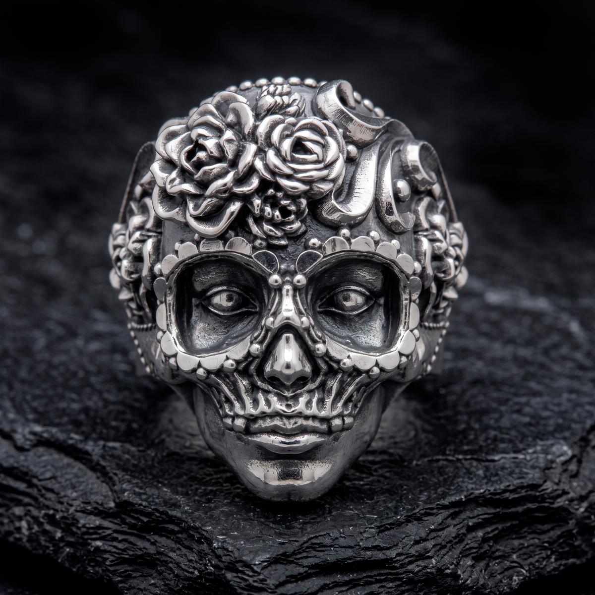 Memento Mori Skull and Roses Sterling Silver Ring