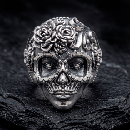 Memento Mori Skull and Roses Sterling Silver Ring
