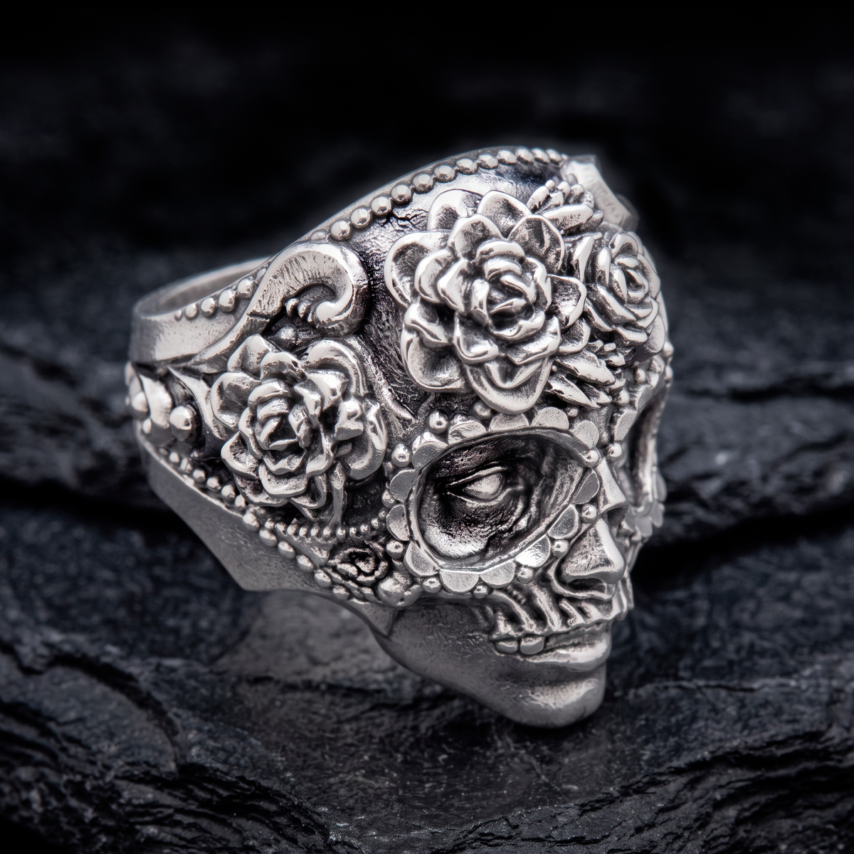 Memento Mori Skull and Roses Sterling Silver Ring