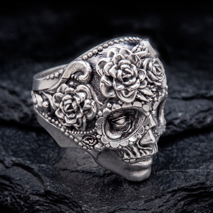 Memento Mori Skull and Roses Sterling Silver Ring