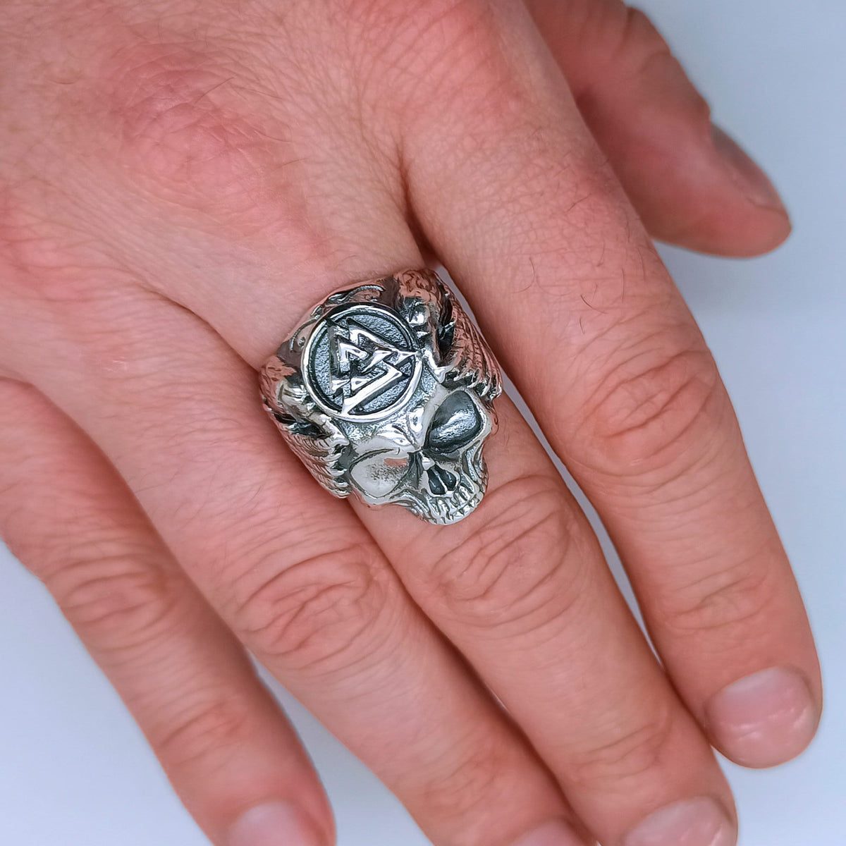 Valknut with Ravens Skull, Viking Odin Ring, Mens Sterling Silver Ring